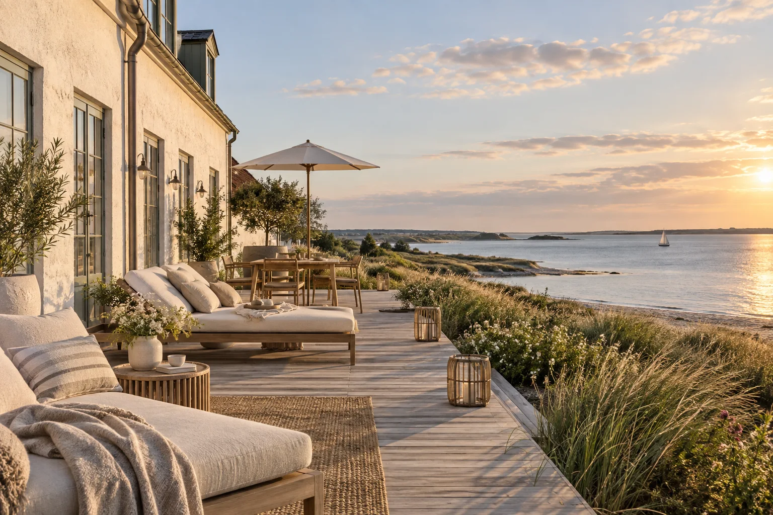 Illustrert kystterrasse med utsikt over havet