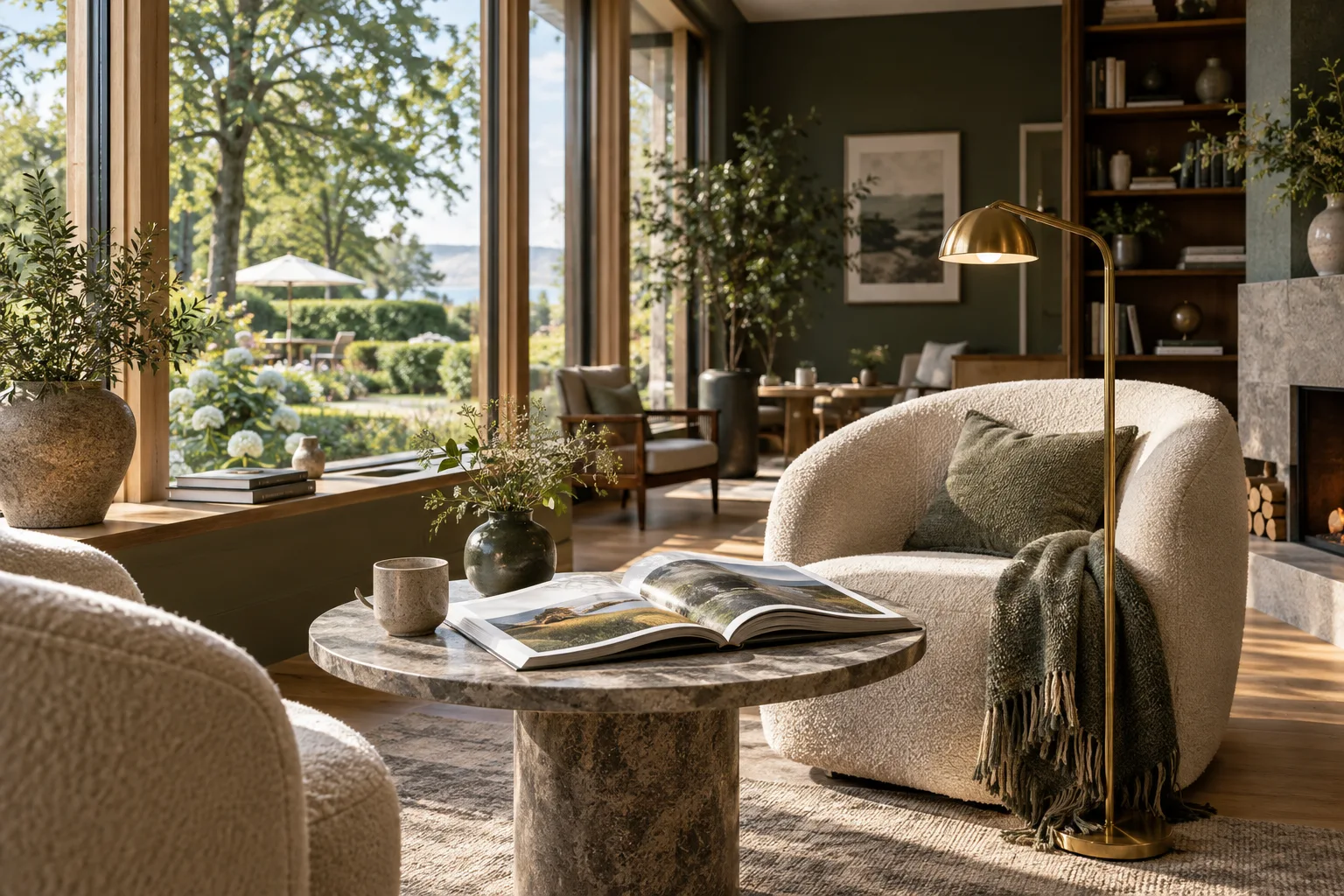 Illustrert nordisk hotellounge med lesekrok
